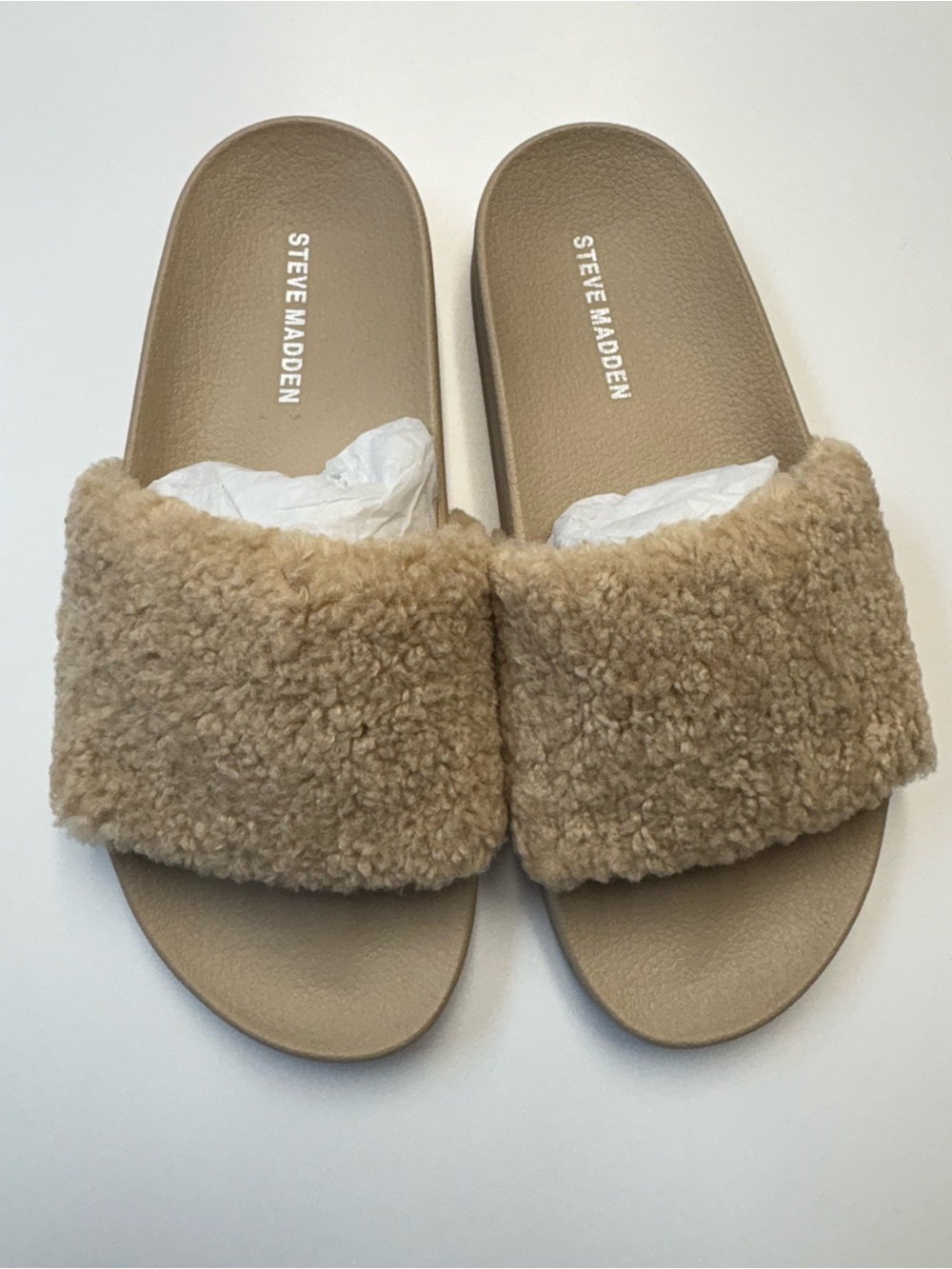 Steve Madden Shearling Strap Slide Sandals in Camel/Tan